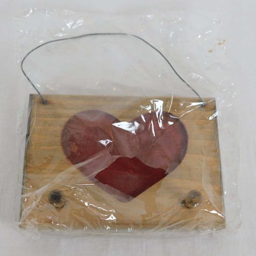 Wood Wall Plaque Rectangle with Indented Red Heart Two Pegs Wire Hanger FLAW